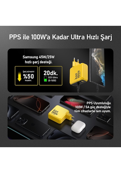 Aohi Youth 3 Portlu Şarj Adaptörü,100w Şarj Cihazı, Gan Hızlı Şarj İstasyonu, Sarı
