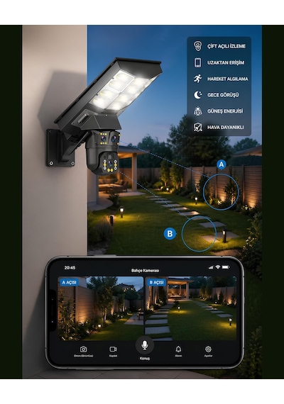 Onqam Vn-80swf 6mp Çift Kameralı Solar Sokak Lambalı Wifi Güvenlik Kamerası, 7-24 İzleme, Pır Sensör, Alarm
