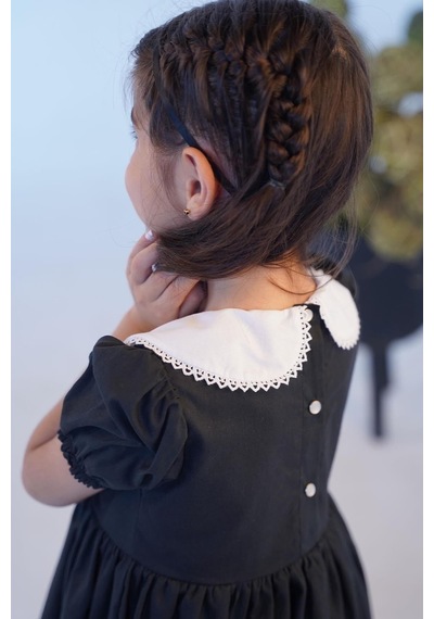 Dantel Detaylı Bebe Yaka Kız Çocuk Bebek Poplin Siyah Beyaz Elbise 001