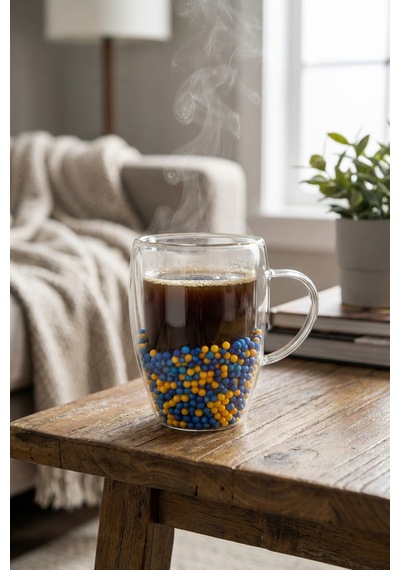 Makri Home Çift Cidarlı Sarı Lacivert Cam Kupa 350 Ml Isıya Dayanıklı Çok Renkli