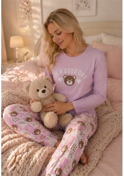 Rindahomewear Kadın Ayıcık Baskılı Süprem Uzun Kol Pijama Takımı Mor
