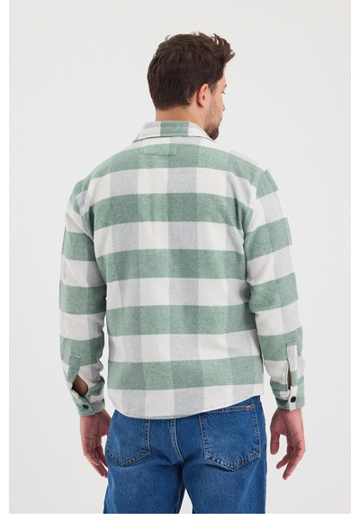 Erkek Slim Fit Gömlek Yaka Düğmeli Çift Cep Kapaklı Oduncu Ekose Gömlek Su Yeşili