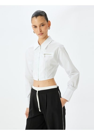 Koton Slim Fit Uzun Kollu Klasik Yaka Crop Fermuarlı Gömlek Kırık Beyaz 5sak60136pw Ekru