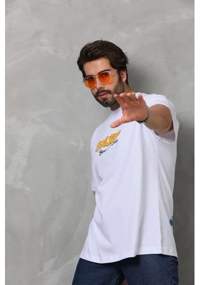 Valensdesign Unisex Bisiklet Yaka Baskılı Oversize T-shirt - Beyaz Siyah