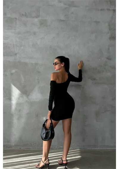 Dip Moda Kadın Siyah Tek Kol Büzgülü Mini Elbise Dpnbdf081 Siyah