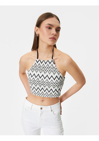 Koton Halter Yaka Kroşe Crop Top Desenli Yandan Fermuarlı Siyah Desenli 4sal30049ık Siyah