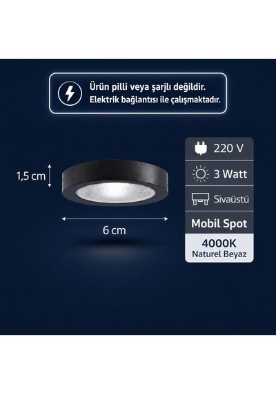 Sekatech 3w Led Sıva Üstü Mini Spot 220v 4000k Doğal Beyaz 6 Cm Mobil Raf & Dolap Aydınlatma Siyah