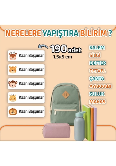 Okul Etiketi Isme Özel Kalem Defter Etiketi Animal -2 -190 Adet Çok Renkli