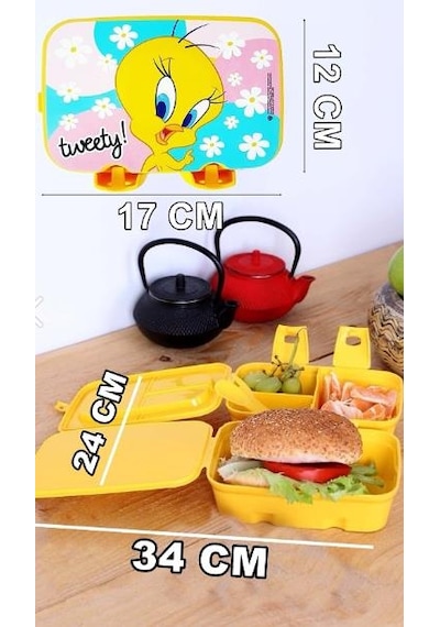 Lisanslı 4 Bölmeli Beslenme Kutusu Yemek Saklama Kabı - Beslenme Çantası Çocuk Piknik Seti Mama Kabı Tweety