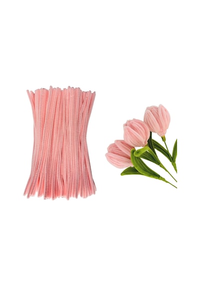 25 Adet Gül Kurusu Pembe Şönil , Çiçek Yapımına Uygun Tüylü Tel, 30 Cm 6 Mm
