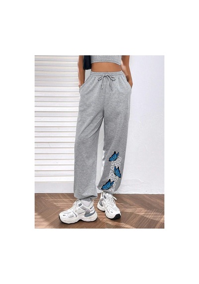 Tarzsokak Letter & Butterfly Print Slant Pocket 4 Mevsim Eşofman Gri