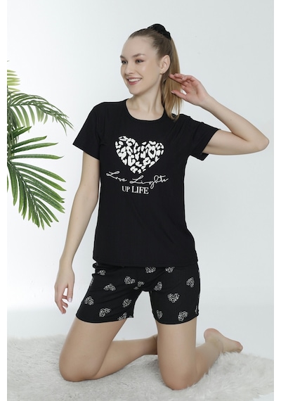 Wordex Mirano 1601 Pegasus Likralı Kumaş Kalpli Şortlu Takım Pijama Takımı -siyah Siyah
