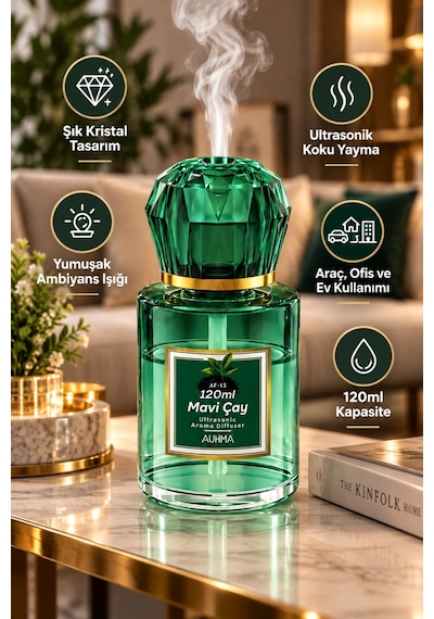 Auhma Af-13 Yeşil Araç Ve Ev Kokusu Difüzörü 120 Ml Kristal Işıklı Hava Nemlendirici Koku Makinesi