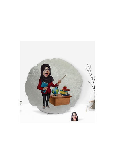 Kişiye Özel Tesettürlü Kadın Öğretmen Karikatürlü Yuvarlak Dekora (505548953)