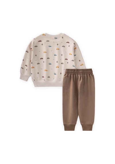 Cigit Araba Baskılı Sweatshirt Takım 1-5 Yaş Bej Bej