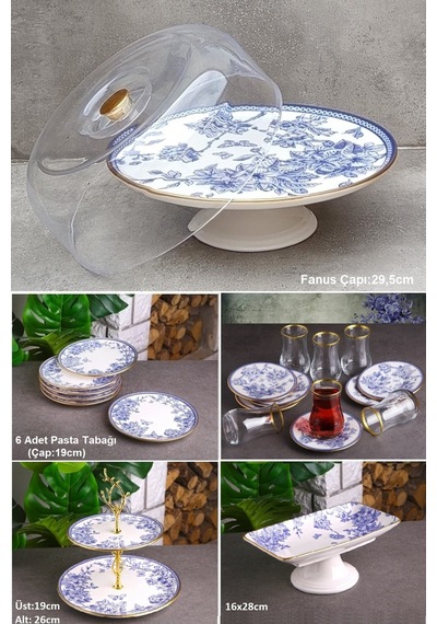 Butterfly 22 Parça Çay Bardaklı Pasta Sunum Tabağı Seti Mavi