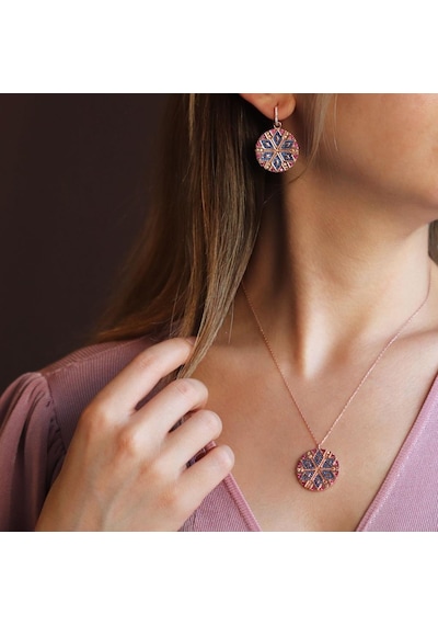 Apm Monaco Modeli Yuvarlak Renkli Zirkon Taşlı Rose Gold Kaplama Set Gümüş