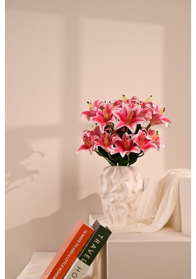 Fuşya Yapay Lilyum Çiçeği 9 Dallı Premium Canlı Islak Dokulu 55 Cm