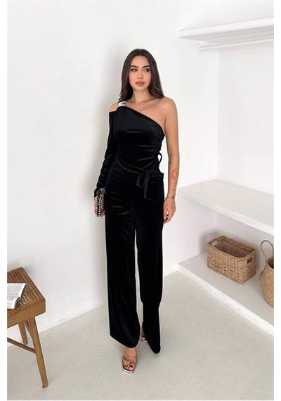Neşeli Butik Kadın Siyah Kuşaklı Tek Omuz Kadife Kumaş Tulum Nbk068 Siyah