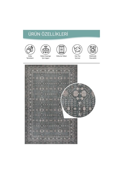 Artloop Folk Gri Yeşil Vintage Etnik Geometrik Desenli Dokuma Tabanlı Şönil Halı Al 622 Gri - Yeşil