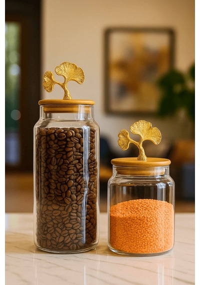 2 Li Altın Metal Ginkgo Figürlü Bambu Kapaklı Cam Kavanoz Saklama Kabı 1400ml + 890 Ml Şeffaf