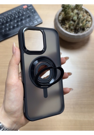 Apple Uyumlu iPhone 16 Pro Max Standlı Ve Yüzüklü Magsafe Kılıf Siyah