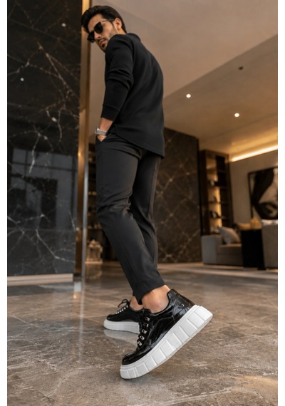 Mevese Duolc Bağcıklı Rugan Erkek Günlük Rahat Taban Sneaker Ayakkabı - Siyah Beyaz Siyah Beyaz Rugan