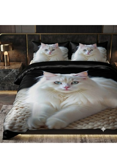 Özel Tasarım Marka Çift Kişilik Nevresim Takımı Organik Saten & Pamuk Luxury Premium Kumaş 240 260 Cm Ranforce Kedi Siyah Beyaz Van Açık Pembe - Beyaz