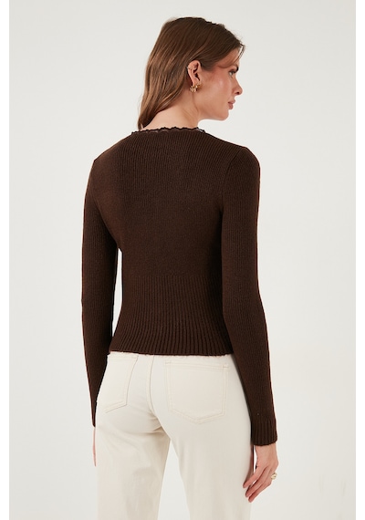 Lela Premium Slim Fit Dantel Detaylı Yaka Örme Bayan Hırka 680Hi00061 Kahve