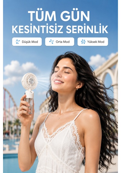 Taşınabilir Şarjlı Su Püskürtmeli 3 Kademeli Mini El Fanı Bej