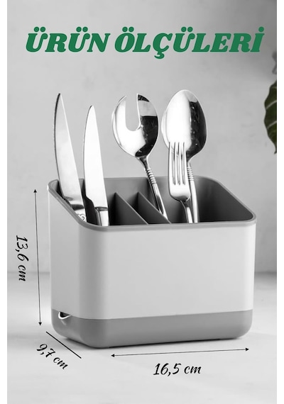 Stile Cucina Tezgah Üstü Kaşık Çatal Bıçak Kurutmalık, Gri, Bölmeli Tasarım, Su Hazneli, Pratik Mutfak Organiz Diğer