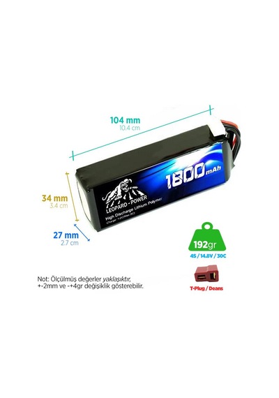 Leopard Power 1800 mAh 14.8V 4S 30C Lityum Polimer Lipo Batarya Pil T Plug