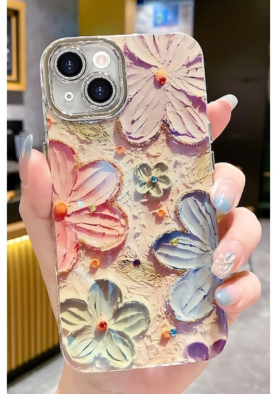 Fibaks iPhone 16 Plus Uyumlu Kılıf Renk Değiştiren Taşlı Kamera Lens Korumalı Pembe Çiçek Desenli Darbe Emici
