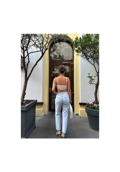 Kene Jeans Kadın Buz Kar Yüksek Bel Paça Söküm Mom Jeans Pantolon Mavi