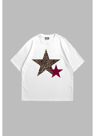 Startmore Y2k Leopar Starz Baskılı Oversize Unisex Beyaz Beyaz