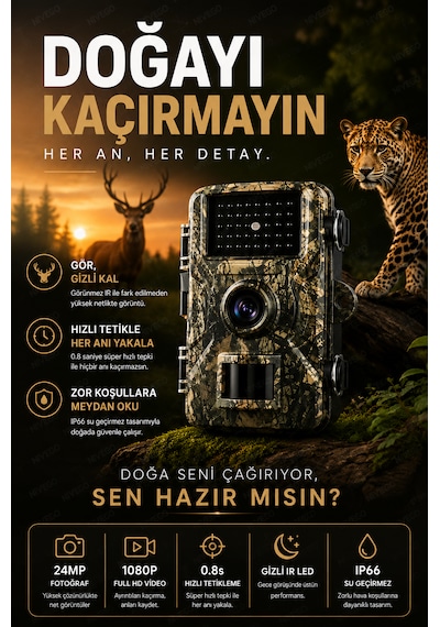 Nvg 1080p Full Hd Yaban Hayatı Kamerası Ip66 Su Geçirmez Fotokapan 16mp Gece Görüşlü Hareket Sensörlü Av Kamera 2.0" Lcd 0.8 Sn Tetikleme 32gb Tf Kart Destekli Sarı