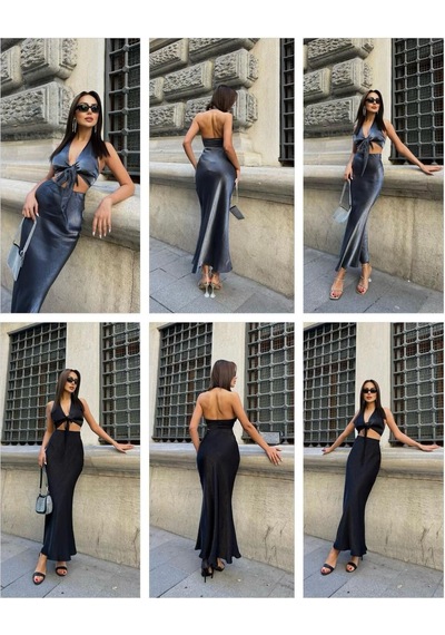 Fashion Cocktail Önden Bağlama Crop Parlak Saten Dizaltı Etek Takım Antrasit