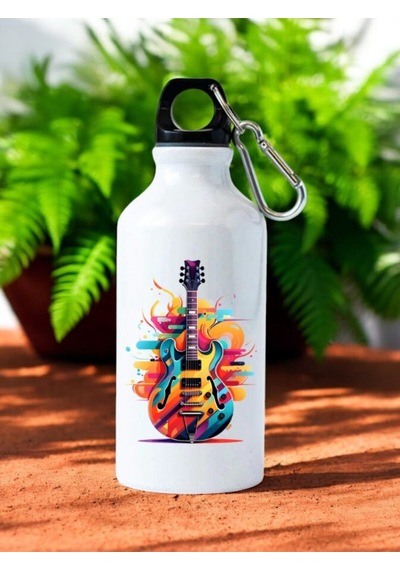 Renkli Gitar Baskılı Matara Suluk Beyaz