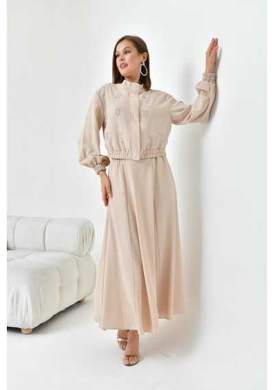 Ftz Women Kadın Simli Crep Etekli Takım Beige 30839-beige Bej