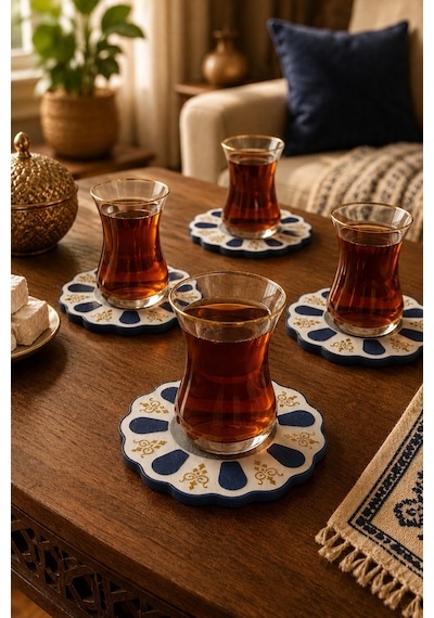 Geleneksel Türk Çay Tabağı Motifli 4 Lü Bardak Altlığı Seti Standlı - Dekoratif Bardak Altlığı - Lacivert Set Diğer