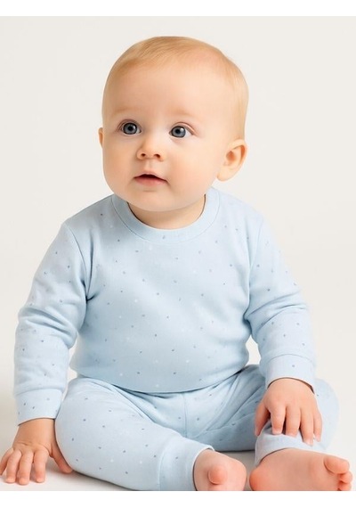 Çocuk Pamuklu Çiçek Desenli Pijama Takımı-16051 Mavi
