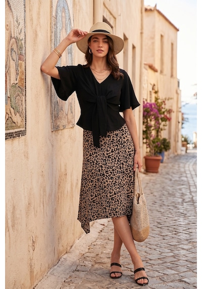 Lela Desenli Volanlı Midi Boy Bayan Etek 5869010 Leopar