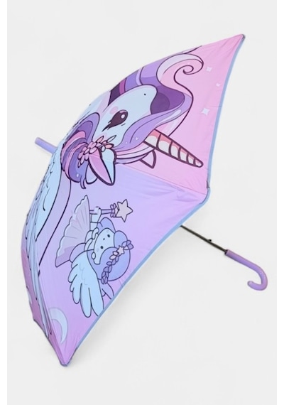Kız Çocuk Baston Şemsiye Reflektörlü Karakter Desenli Boyu 70 Cm Çapı 80 Cm 6 Telli İsim Etiketli Pembe