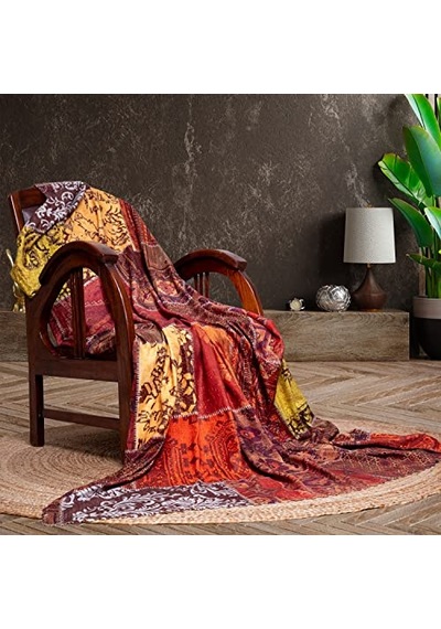 Softmicro Koltuk Örtüsü Çekyat Örtüsü Koltuk Şalı Etnik Desenli Patchwork Kaymaz Kiremit 180x220 Cm Genel