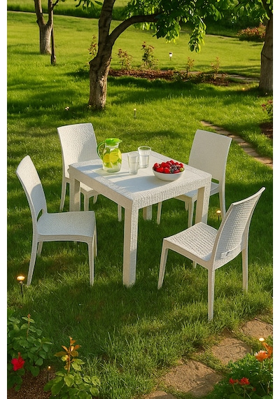 Rattan 80x80 Camsız Beyaz Masa / 4 Adet Rattan Kolsuz Sandalye Takımı Beyaz