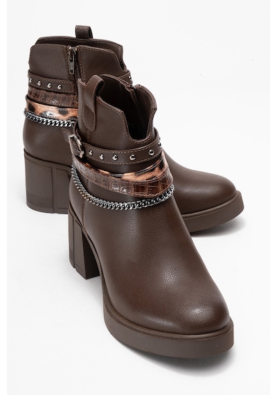 Luvishoes Luvi Shoes Boliva Kahverengi Kemerli Zincirli Kadın Kalın Topuklu Bot kahverengi
