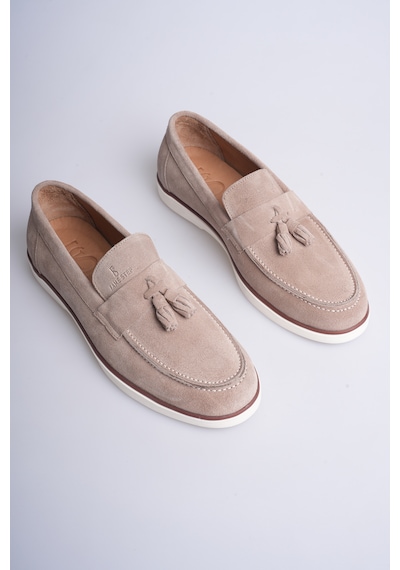 Fame Step Hakiki Deri Erkek Loafer Ayakkabı Süet Günlük Rahat Casual Mokasen Püsküllü Siena Bej