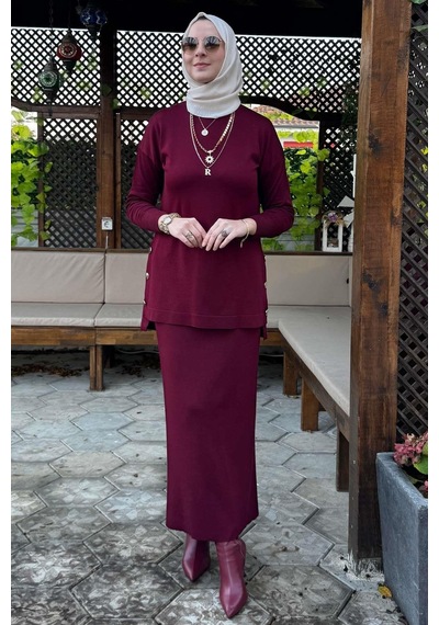 Rabia Şamlı Sezen Triko Takım Bordo Çok Renkli