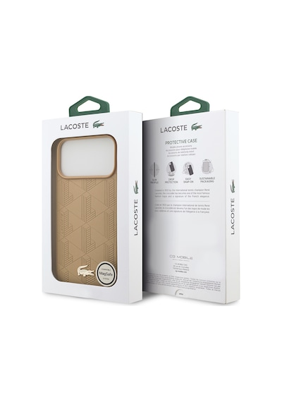 Apple Uyumlu iPhone 17 Pro Max Kılıf Lacoste Lisanslı M-safeli Pu Deri Karışık Monogram Desenli Kapak Bej Bej