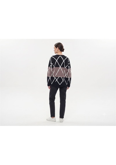 Neden Tekstil Kadın Oversize Triko Kazak - Modern Geometrik Desen - Siyah